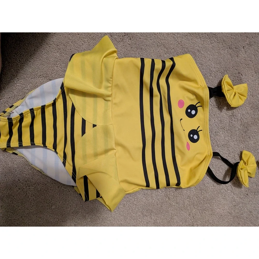 Yellow Bumble Bee One Piece Swimsuit Straps Striped Bathing Suit sz 6