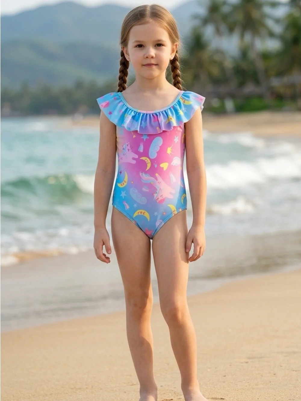 🚘 🆕 Ruffled Pink & Blue Kids One-Piece Swimsuit with Unicorn Print 6 yr