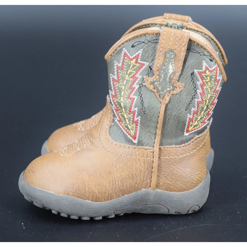 Roper Cowboy Boots Kids Size 3 Brown Olive Green Good Lightning Bolt Western