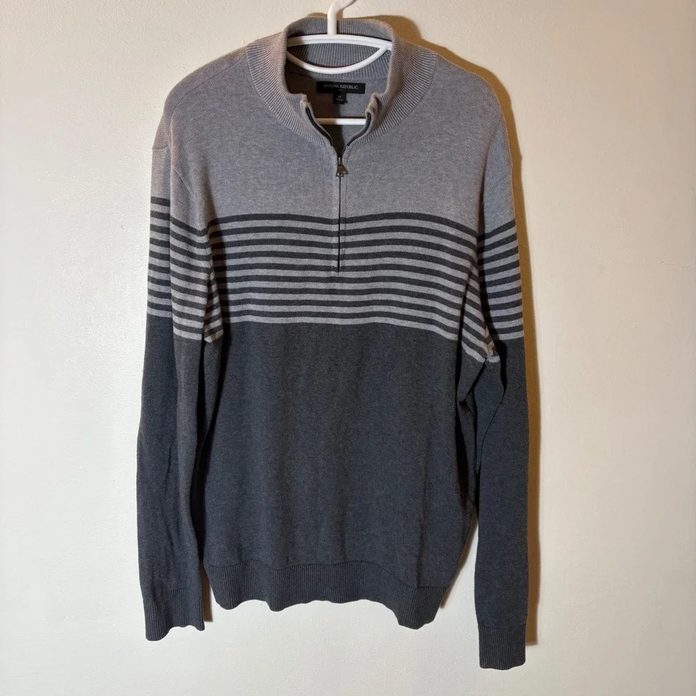 Banana Republic Mens Gray Striped 1/4 Zip Cotton Sweater Size Medium‎