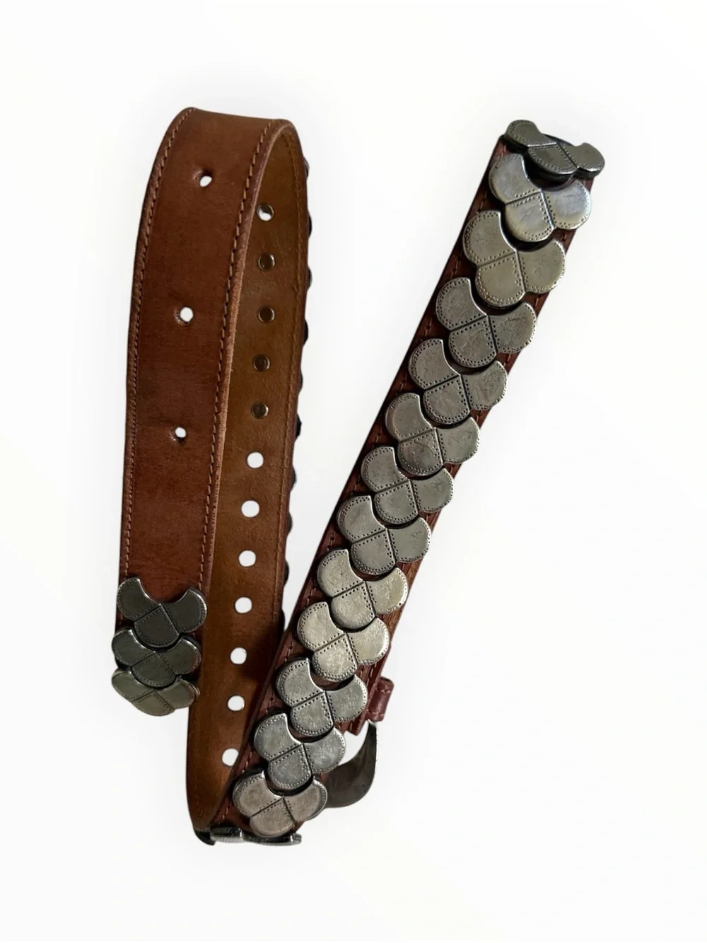 Vintage Ann Taylor silver scale metal bohemian stud belt on brown leather