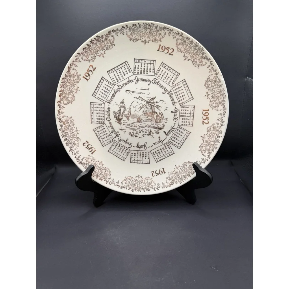 Vintage 1952 Calendar Plate Windmill Sailing Ships Brown Transferware 10