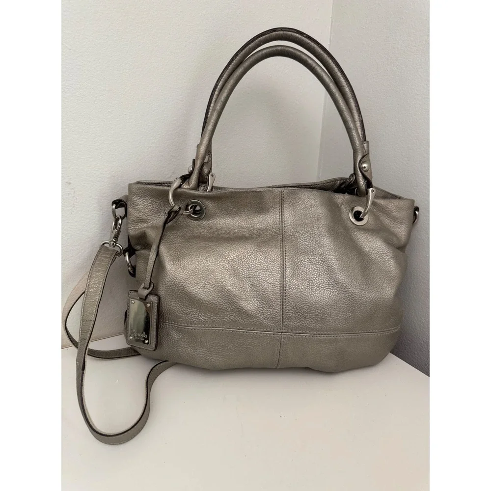Tignanello Metallic Silver Pebbled Leather Satchel Y2K Crossbody Bag Handbag