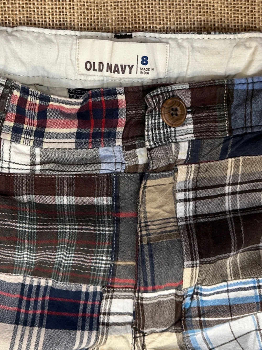 Old Navy Plaid Patchwork Shorts in Brown, Blue & Cream