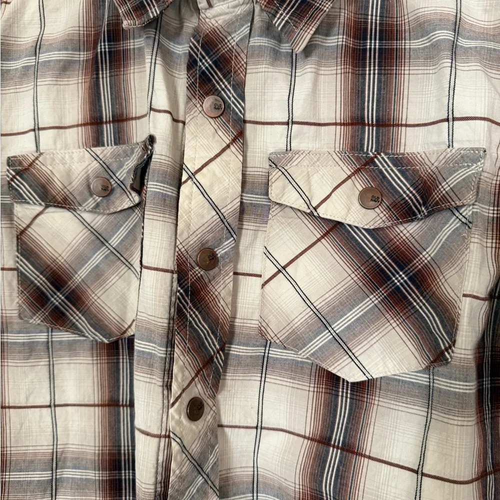 Old Navy Boys Plaid Snap Button-Up Shirt Brown Cream Tan Small