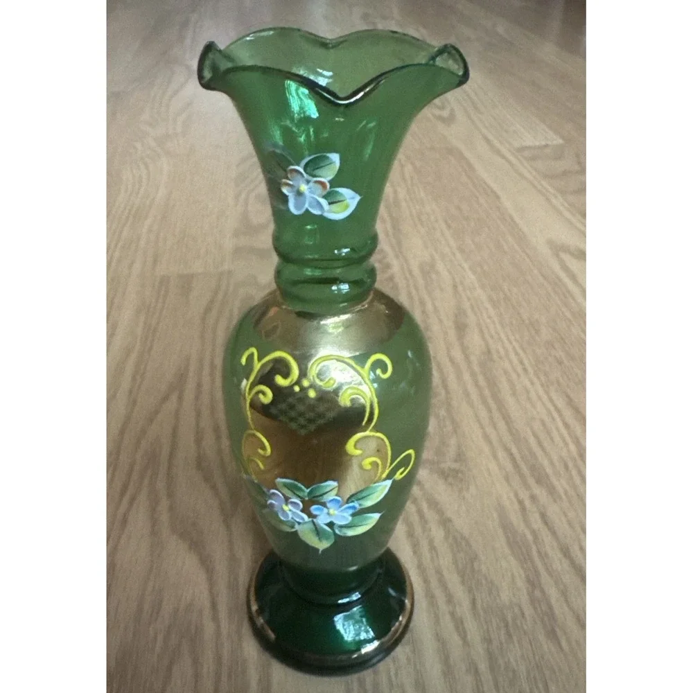 Enesco Bohemian Glass Vase Hand Painted Enamel Flowers Gilded 8 Inches VTG 1960s