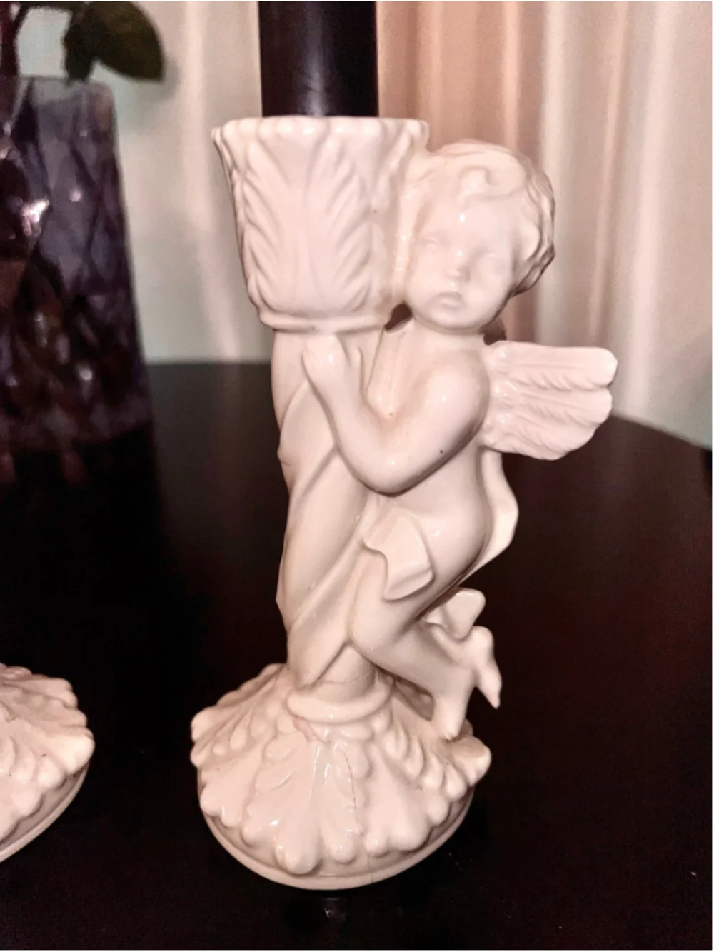 VTG Set 2 Cherub Angel Candle Holder Set, One Size, White