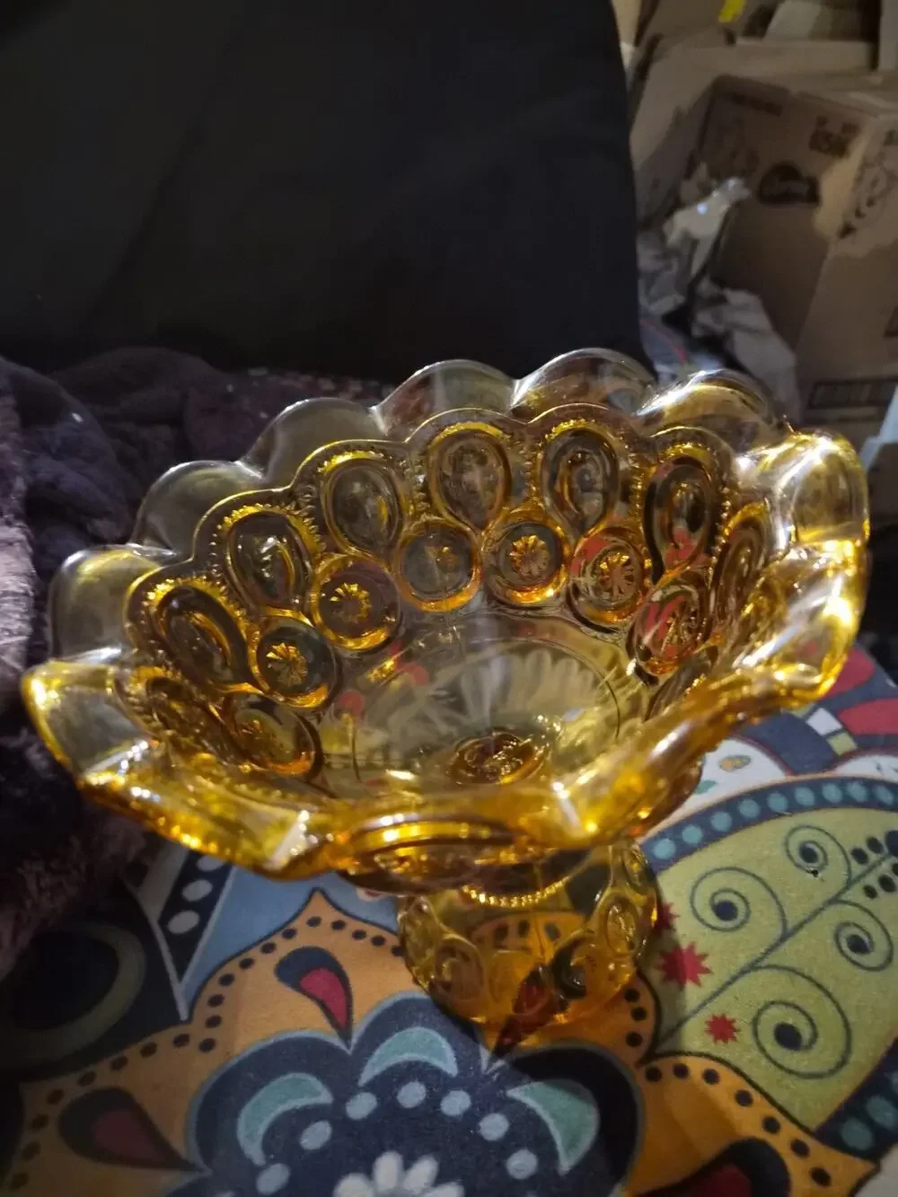 Vintage LE Smith Amber Glass Moon And Stars Pedestal Compote Candy Dish 8 T