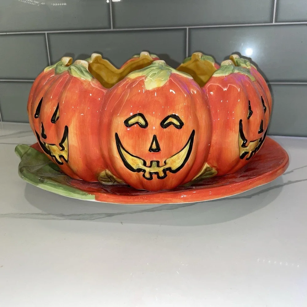 Certified International Halloween Pumpkin Cookie Platter & Candy Bowl Set Orange