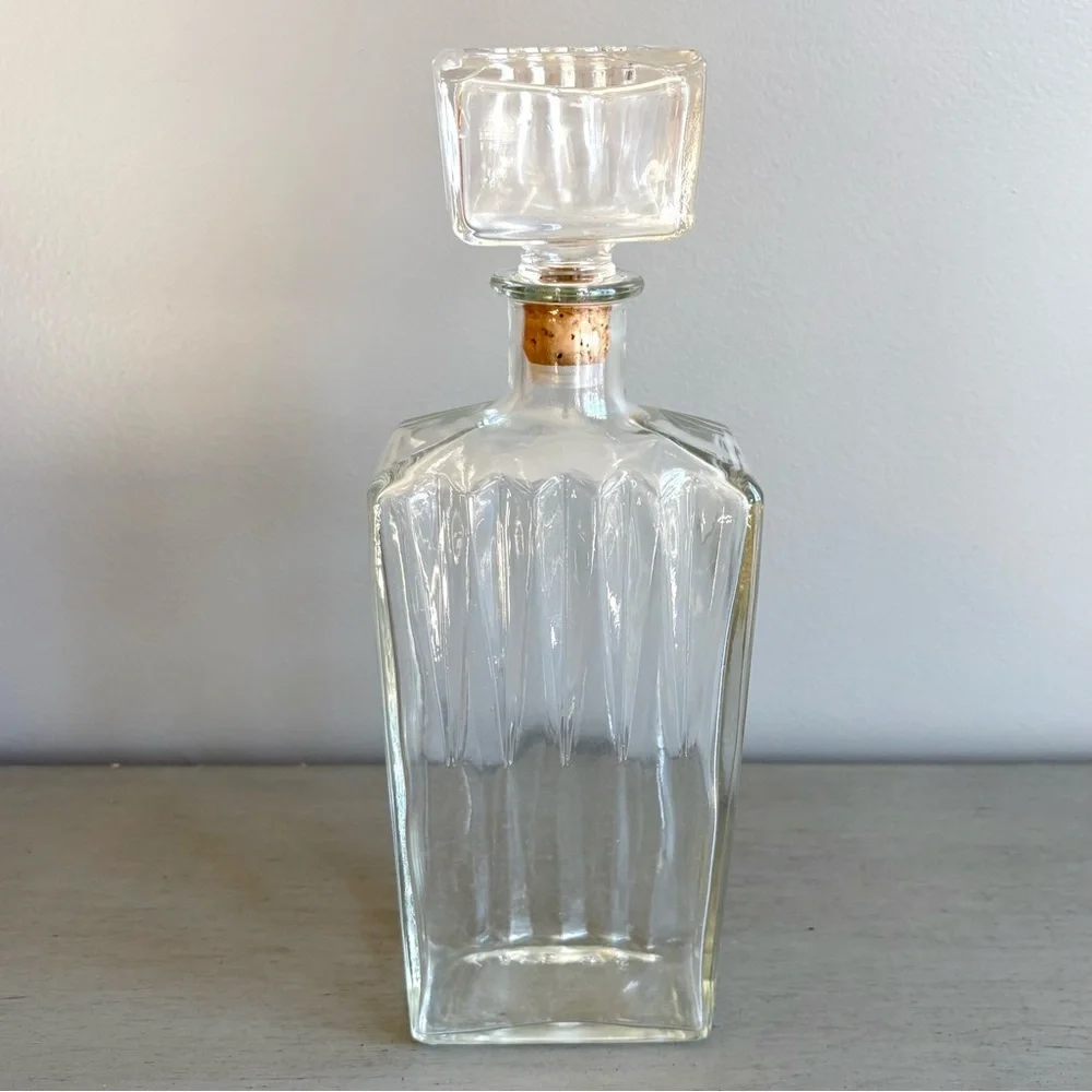 VTG 60s Heavy Clear Glass Liquor Bottle Decanter Vase Decor w/ Cork Stopper 11