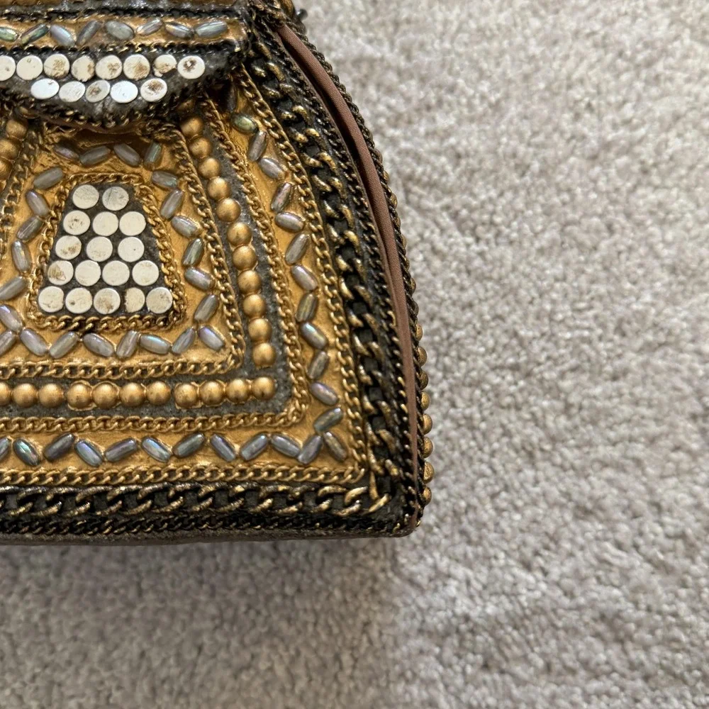 Mary Frances Beaded Mini Crossbody Bag Wearable Art Deco Gold Metal Suede Purse
