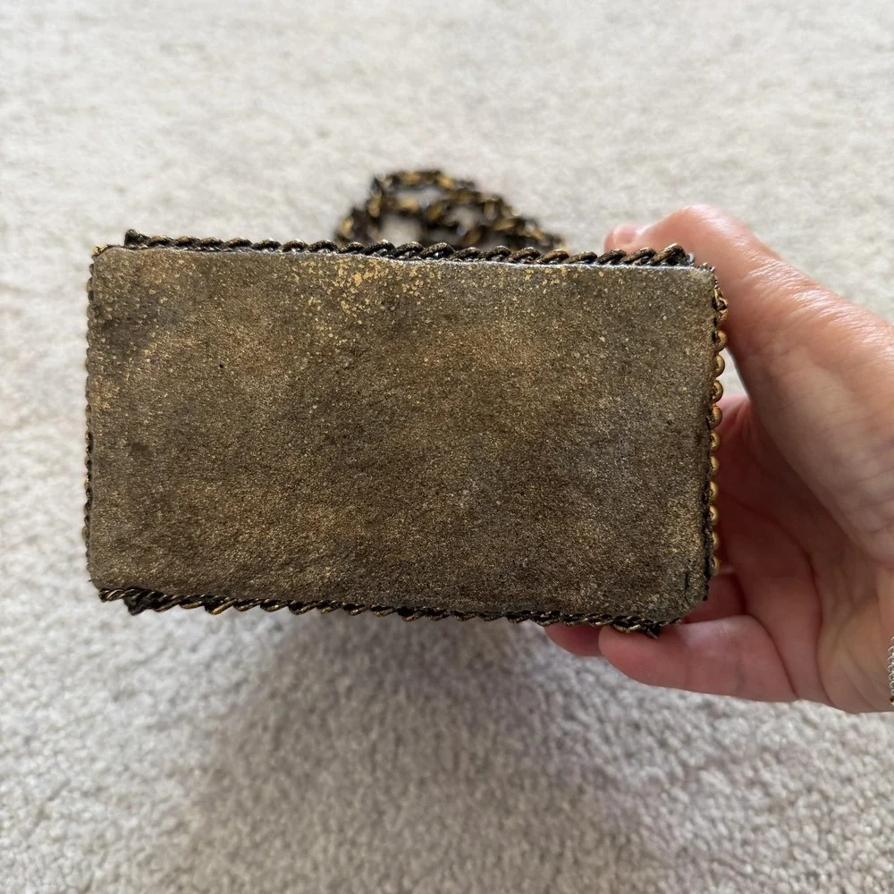 Mary Frances Beaded Mini Crossbody Bag Wearable Art Deco Gold Metal Suede Purse