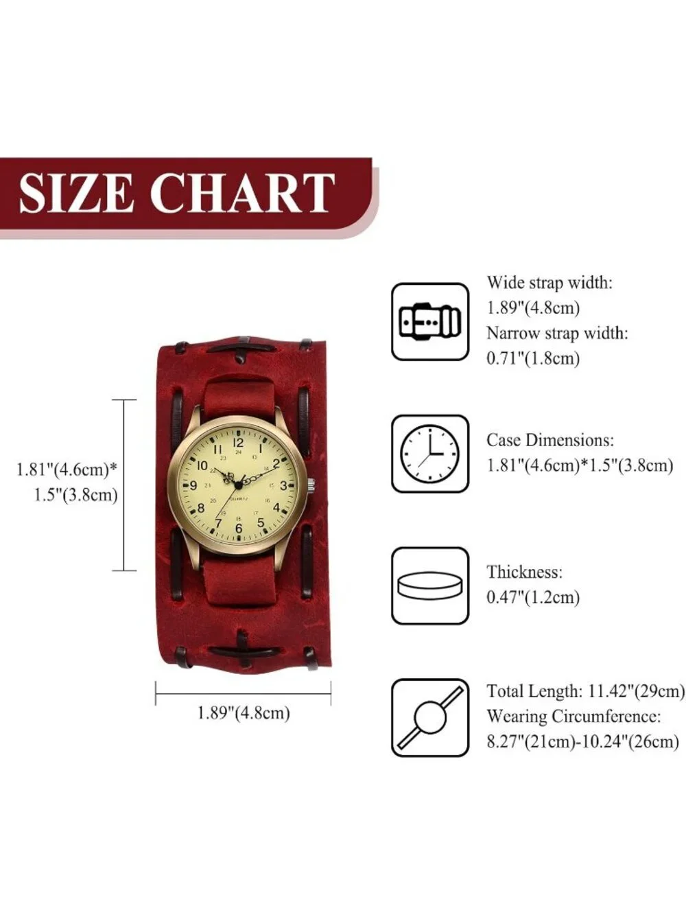 Unisex Red Analog Quartz Arabic Numerals Wide Leather Strap Vintage Wrist Watch