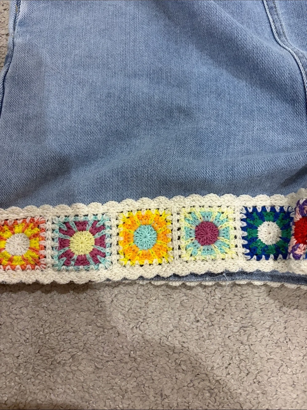 Tractr Light Blue Denim Crochet Accent Short Overalls