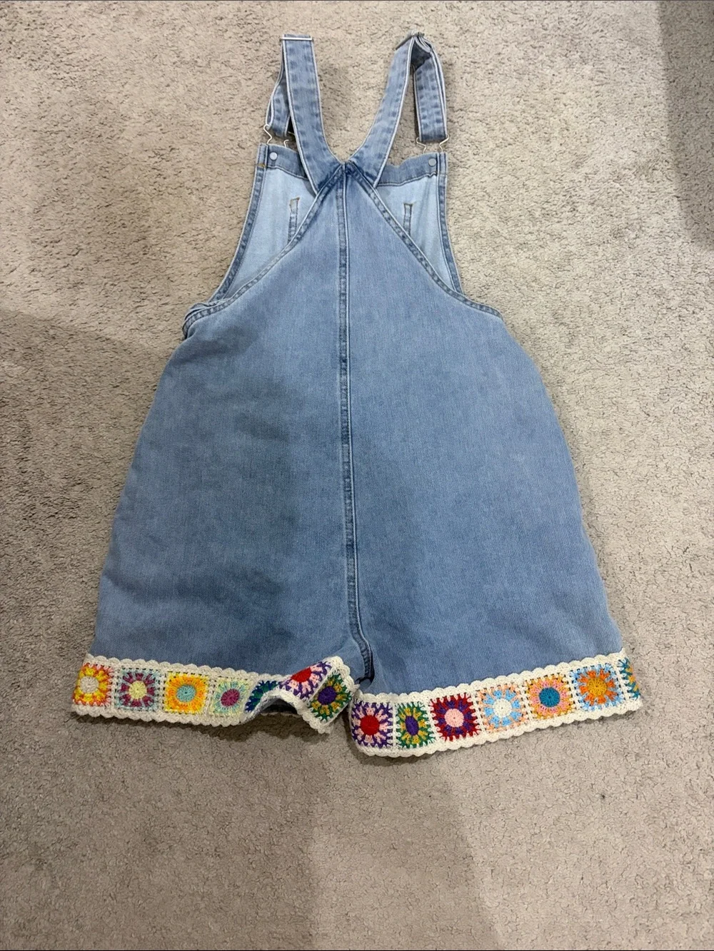 Tractr Light Blue Denim Crochet Accent Short Overalls
