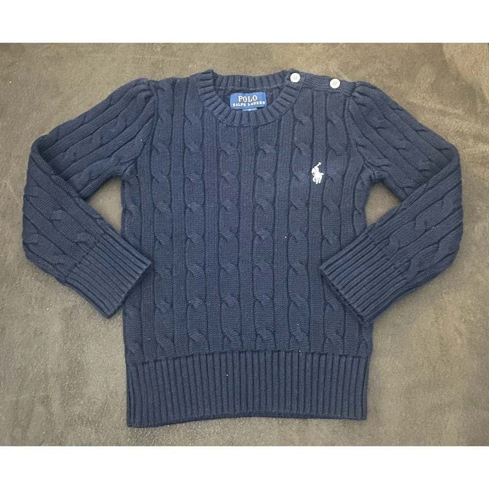 Ralph Lauren Navy Cable-Knit Cotton Pullover Sweater 2 Crew Neck Long Sleeve