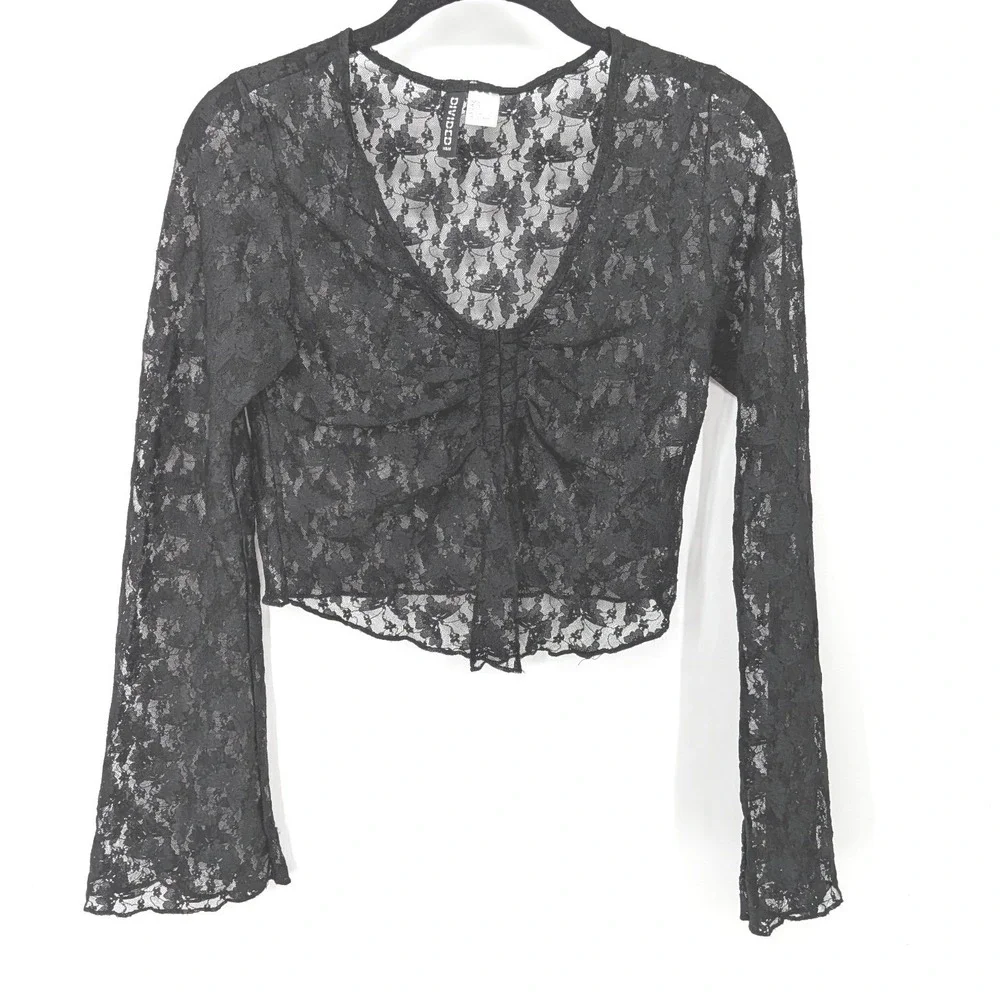 Whimsygoth Crop Top Womens Small Black Sheer Floral Lace Ruched Bell Sleeve‎