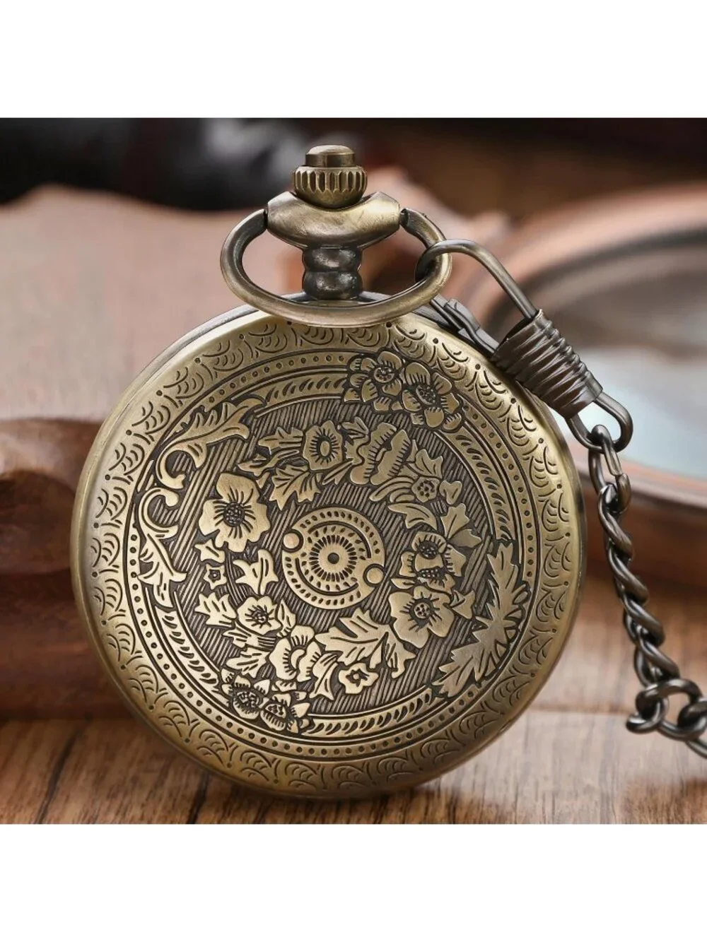 Men's Brown And White Analog Quartz Flower Arabic Numerals Movement Pocket Watch