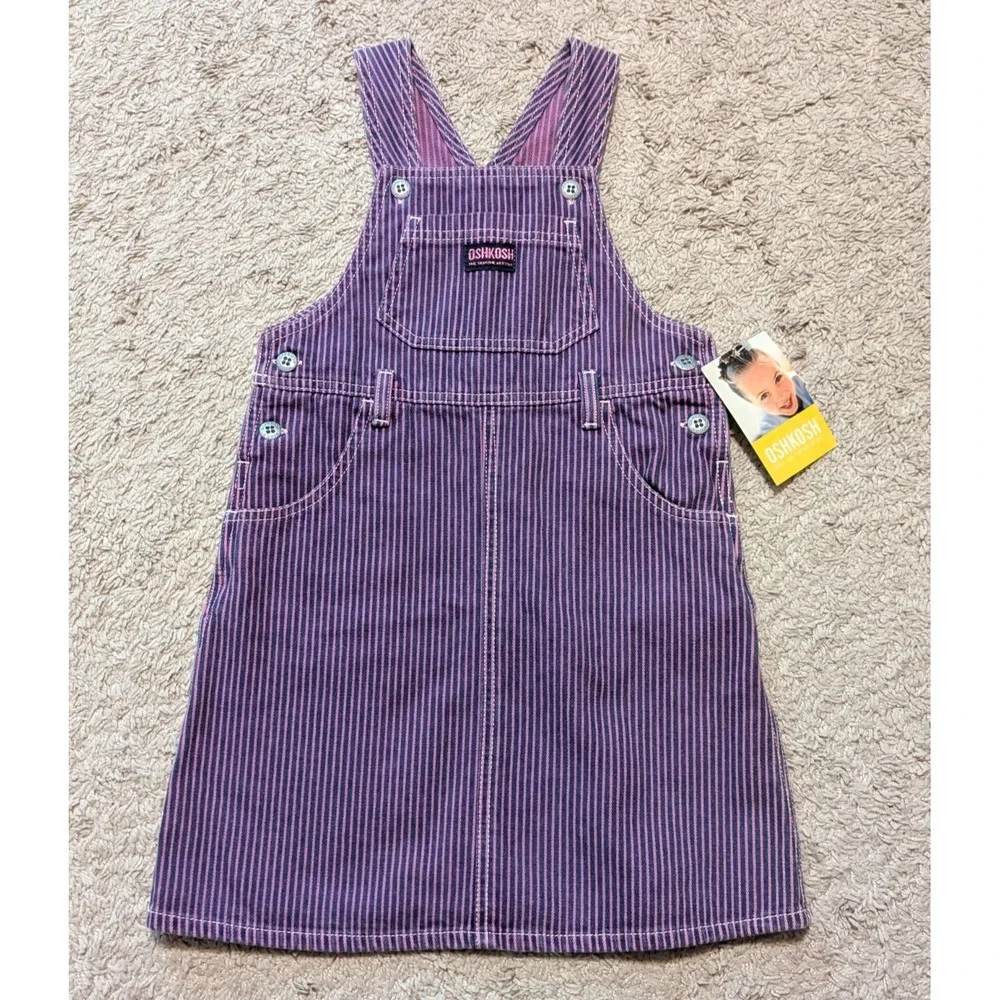 Vtg‎ OshKosh Bgosh Vestbak Overall Dress Girls Sz 5 Purple Blue Striped Cotton