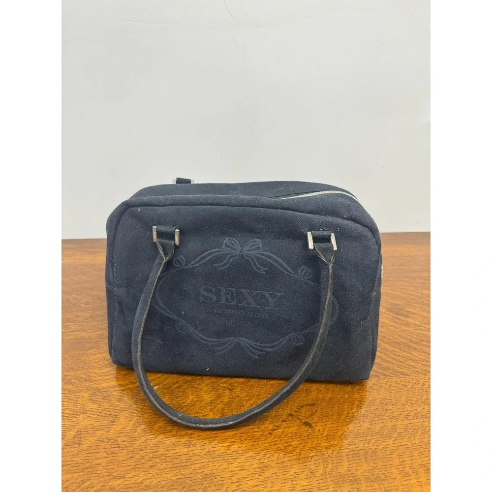 Victoria's Secret Top Handle Bag Womens Small Blue Suede Sexy Logo‎ Zip Handbag