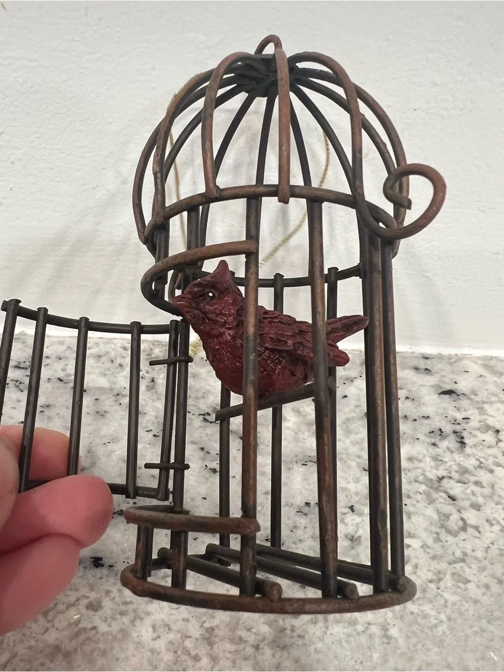 Rustic Brown Metal Birdcage Accent with Red Bird cardinal ornament