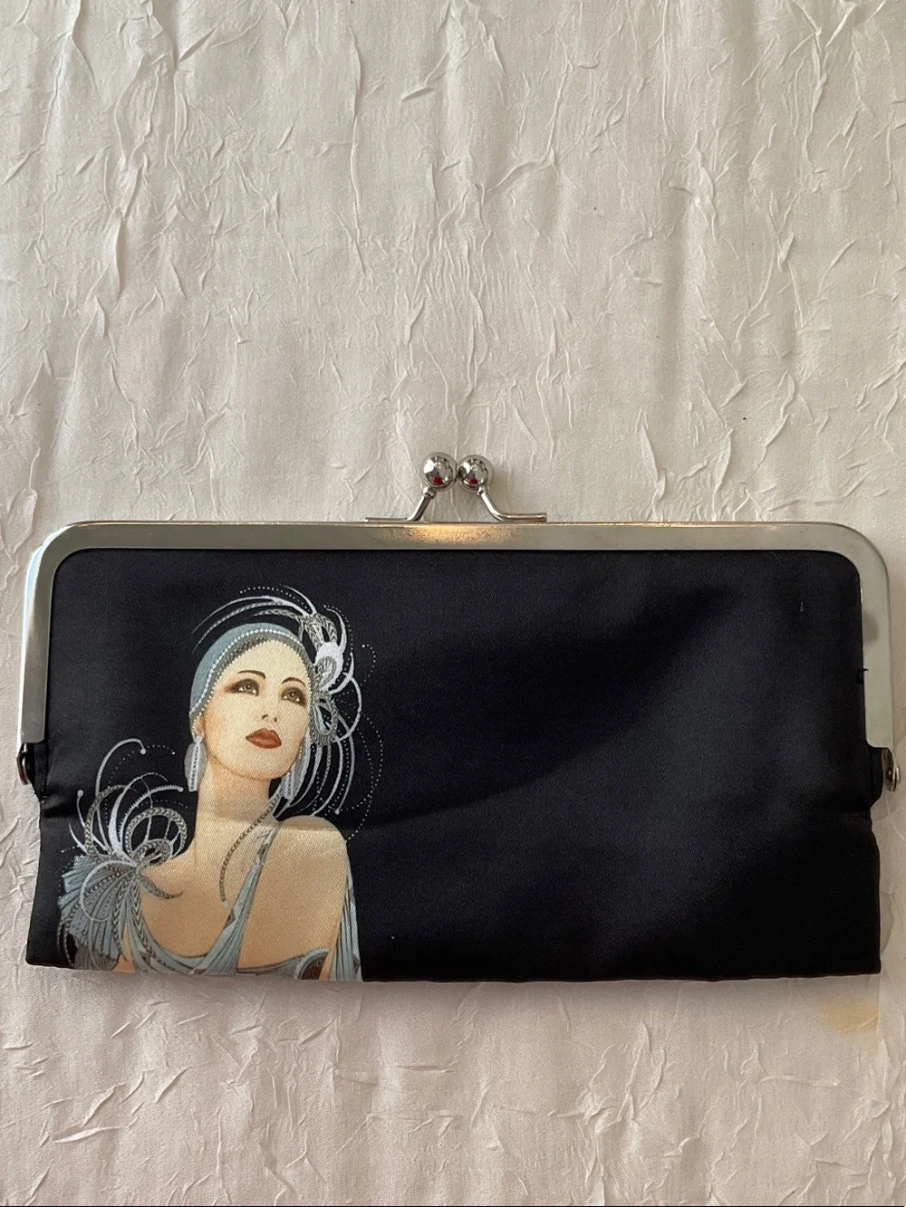 Vintage-Inspired Black Clutch with Art Deco Portrait