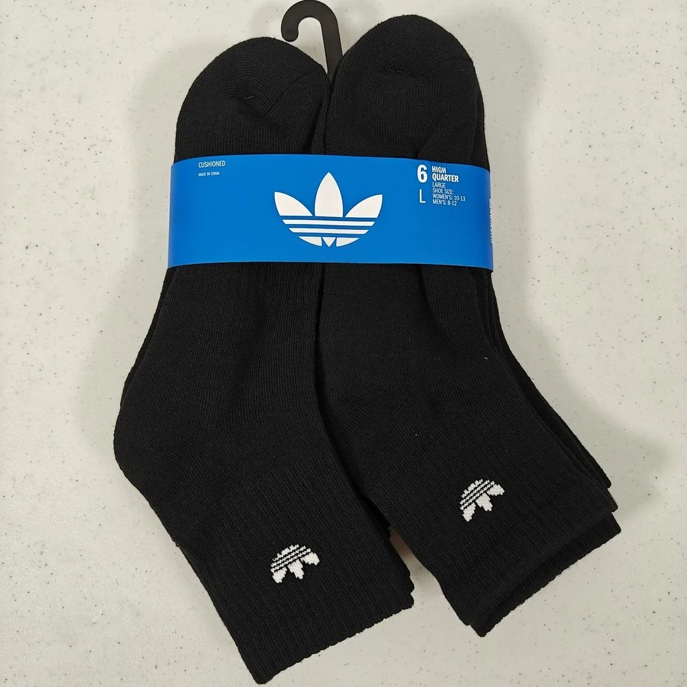 Adidas Originals Trefoil Cushioned High Quarter Socks 6 Pair Black Men's L 6-12