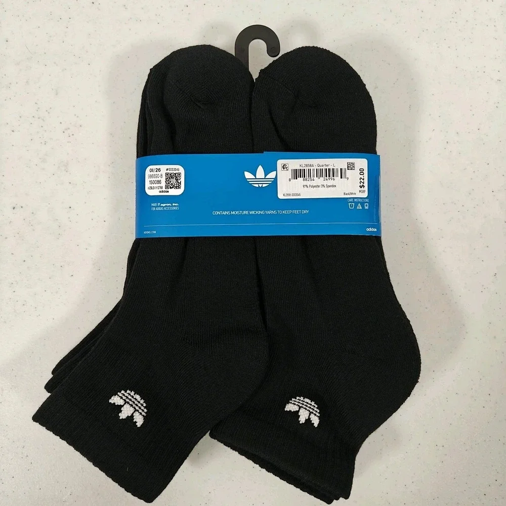 Adidas Originals Trefoil Cushioned Quarter Socks 6 Pair Black Men's L 6-12 New