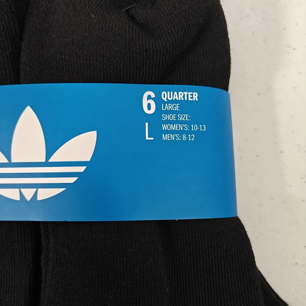 Adidas Originals Trefoil Cushioned Quarter Socks 6 Pair Black Men's L 6-12 New