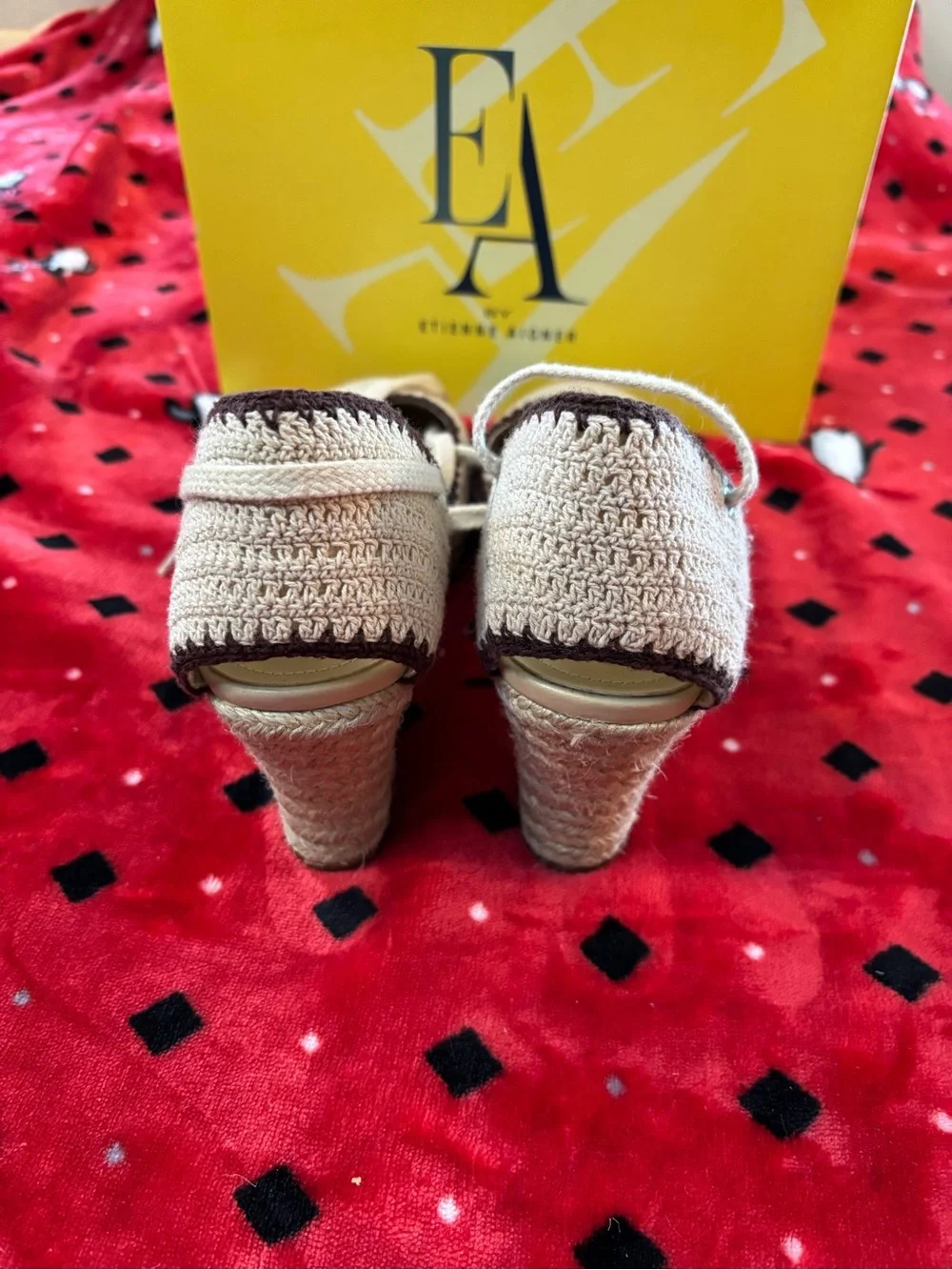 Espadrille Crochet Tie-Front Slingback Wedge Heels in Cream and Brown