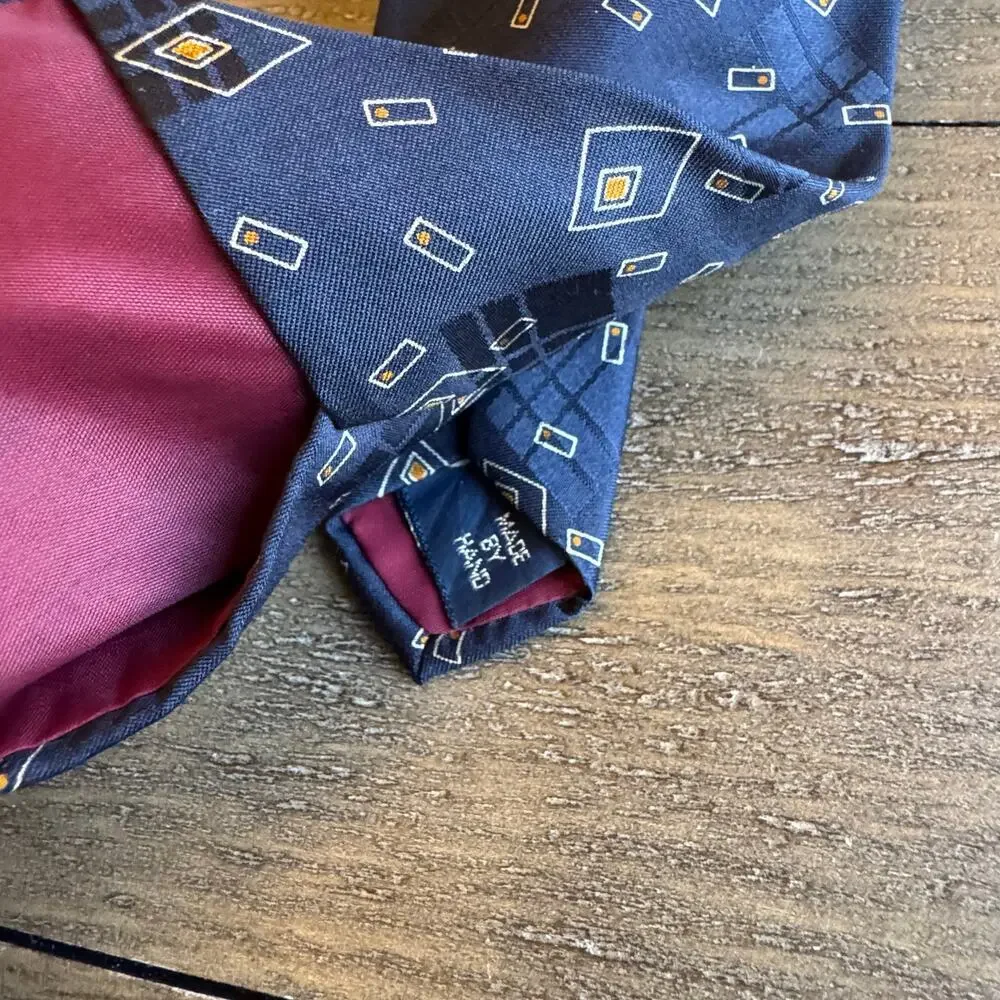 POLO Ralph Lauren Mens Blue Geometric Vintage 100% Silk Made in the USA Neck Tie