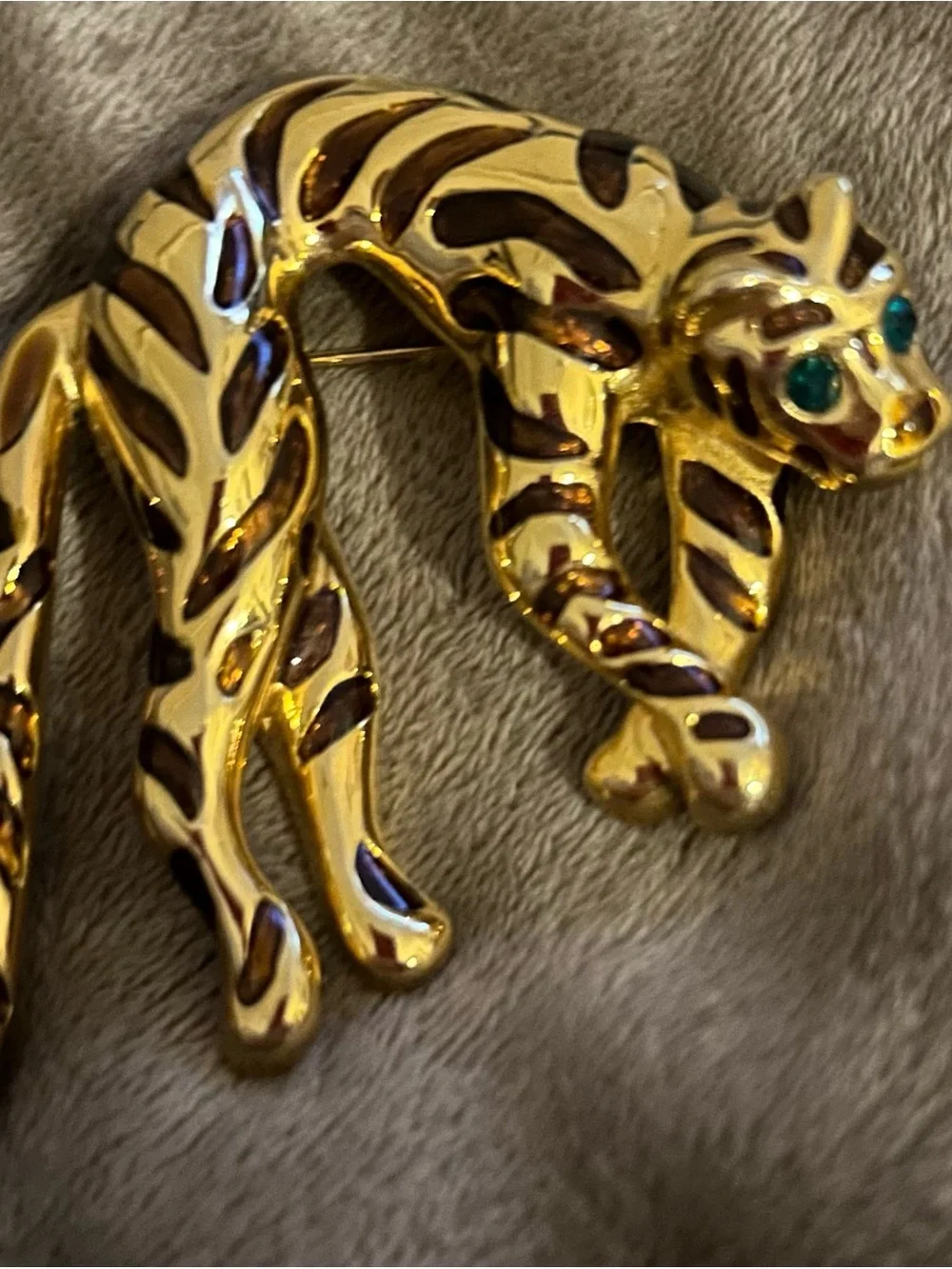 Gold-Tone Tiger Pin Brooch with Brown Enamel Stripes and Green Eyes