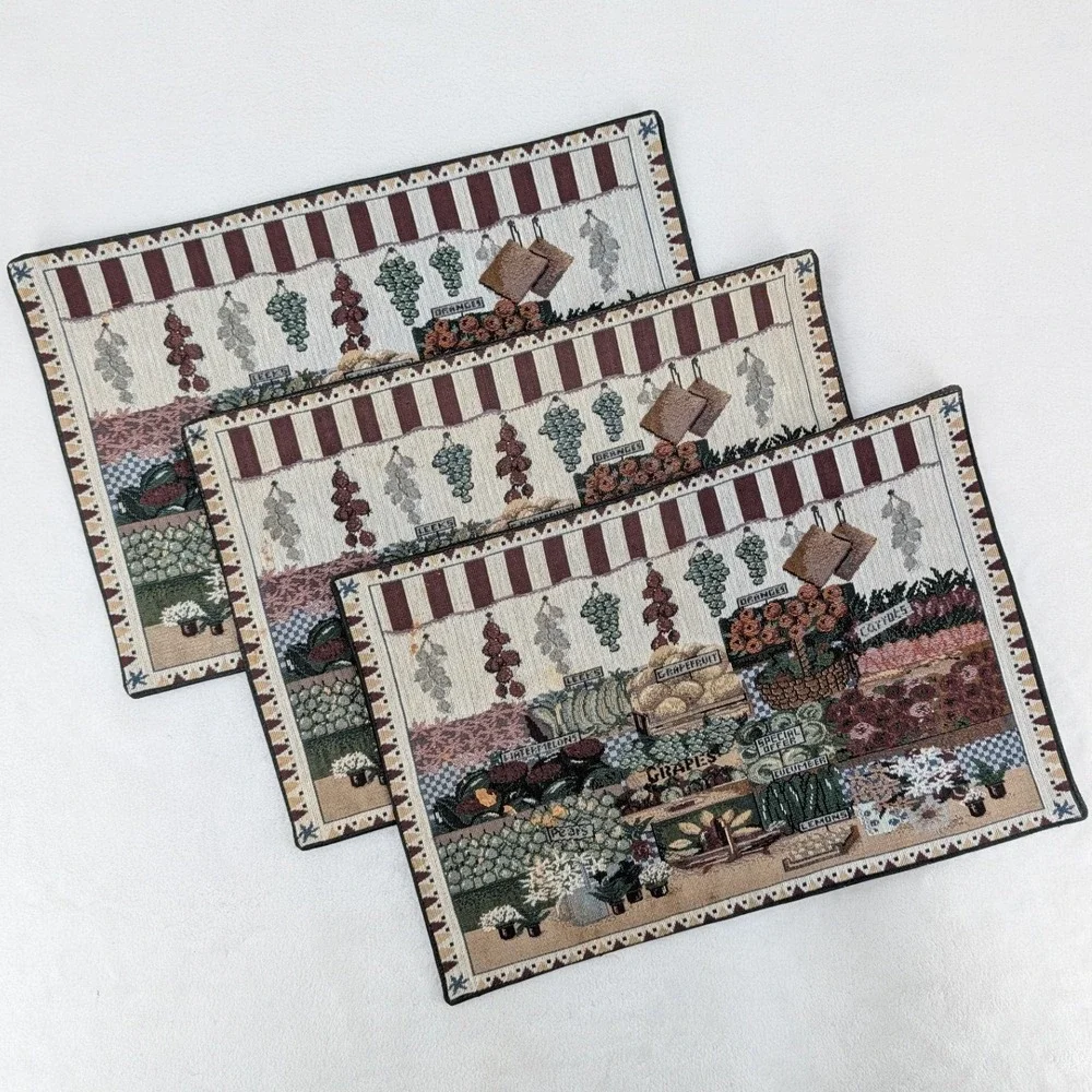 Woven Vintage‎ Tapestry Farmers Market Placemats Set of 3 Fruit Vegetable 13x19