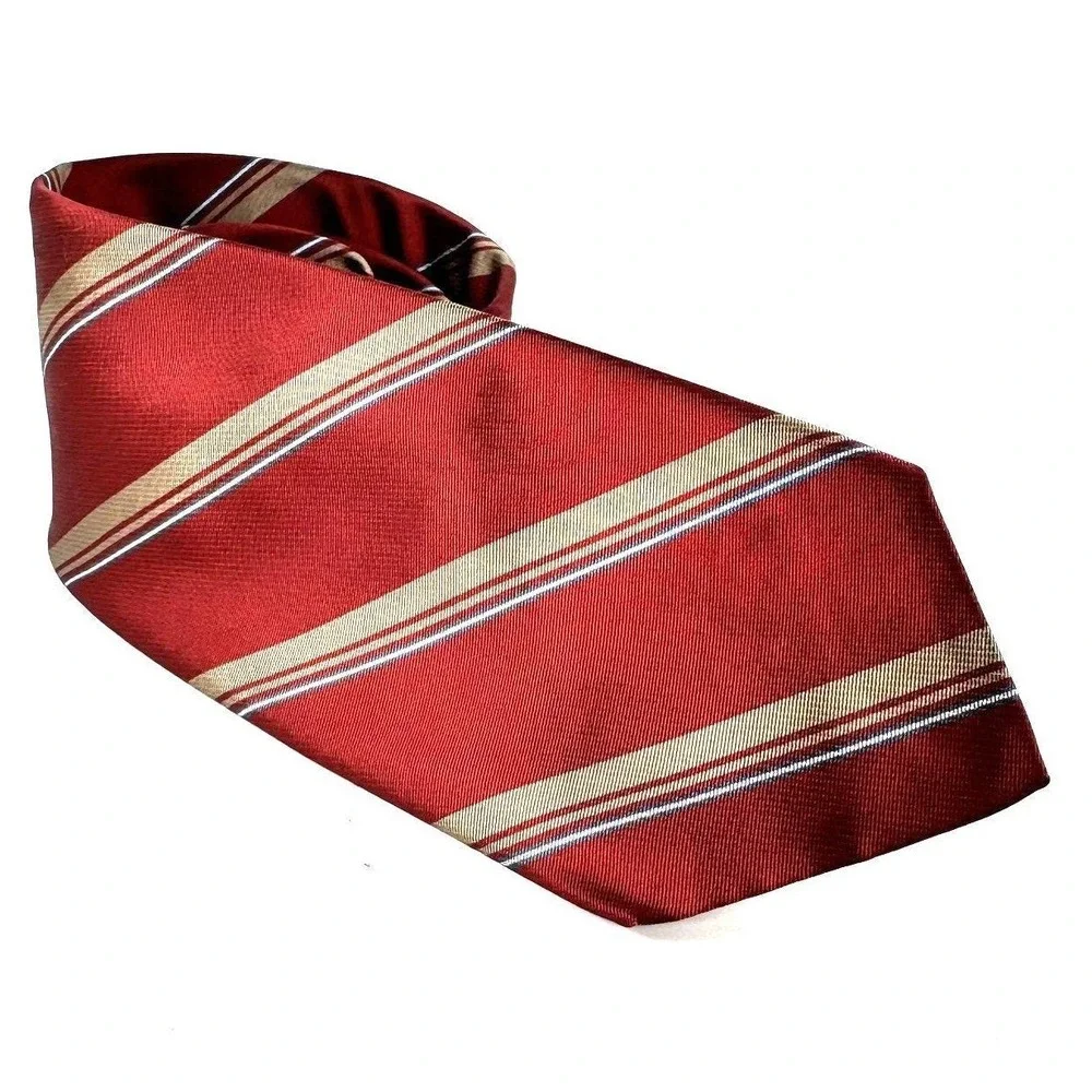 Christian Dior Silk Tie Mens Red Tan Blue Diagonal Striped Made‎ in USA Vintage