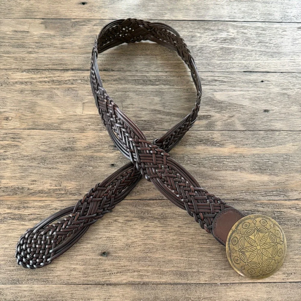 NY‎ & Co Brown Braided Leather Western Belt Antique Brass Medallion Buckle 43