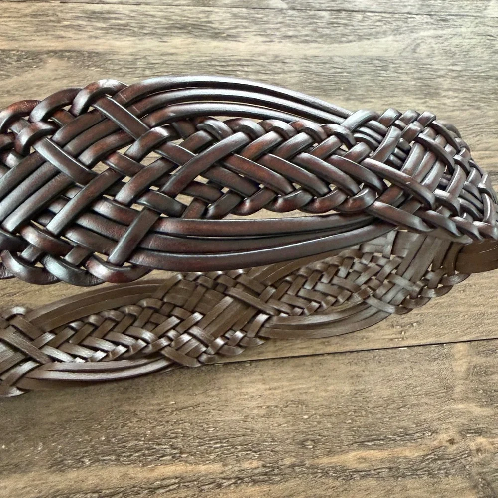 NY‎ & Co Brown Braided Leather Western Belt Antique Brass Medallion Buckle 43