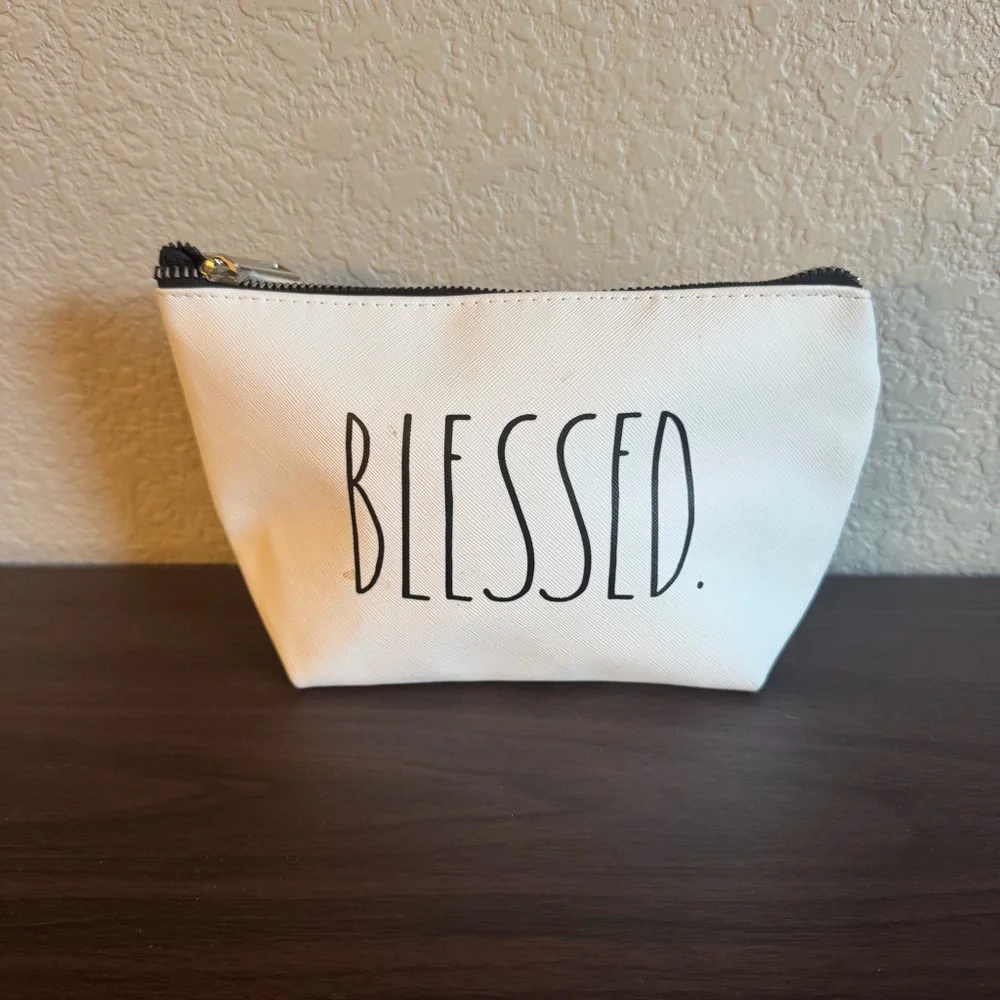 Rae Dunn Blessed Makeup Bag White Canvas Zipper‎ Pouch Cosmetic Travel Case