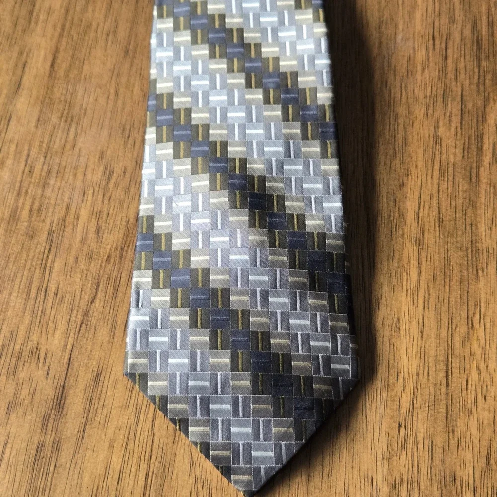 Joseph & Feiss International Mens Silk Tie‎ Grey Olive Geometric X-Long Wide 4in