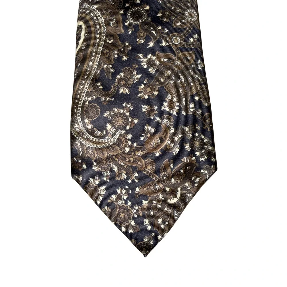 Christian Dior Silk Tie OS Navy Brown Paisley Floral Italian Fabric Made‎ in USA
