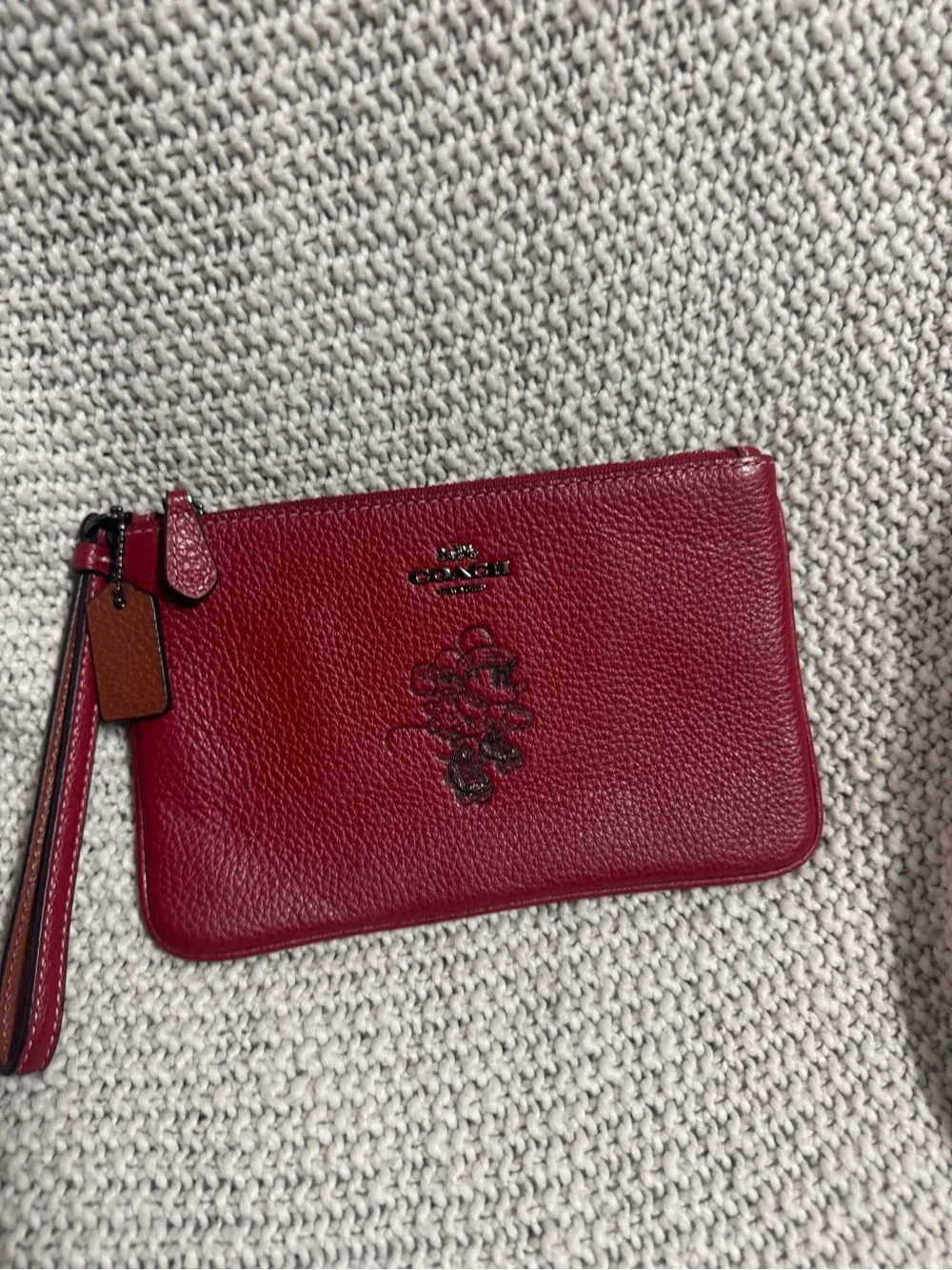Coach Red Pebbled Leather Wristlet with Floral Emboss