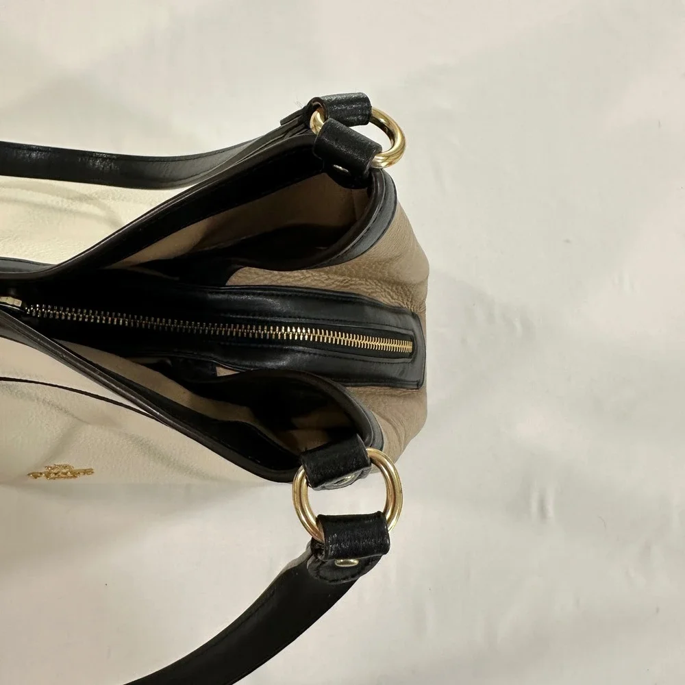 Coach Hadley Hobo Bag Colorblock Leather Shoulder Bag White Tan Black C6828