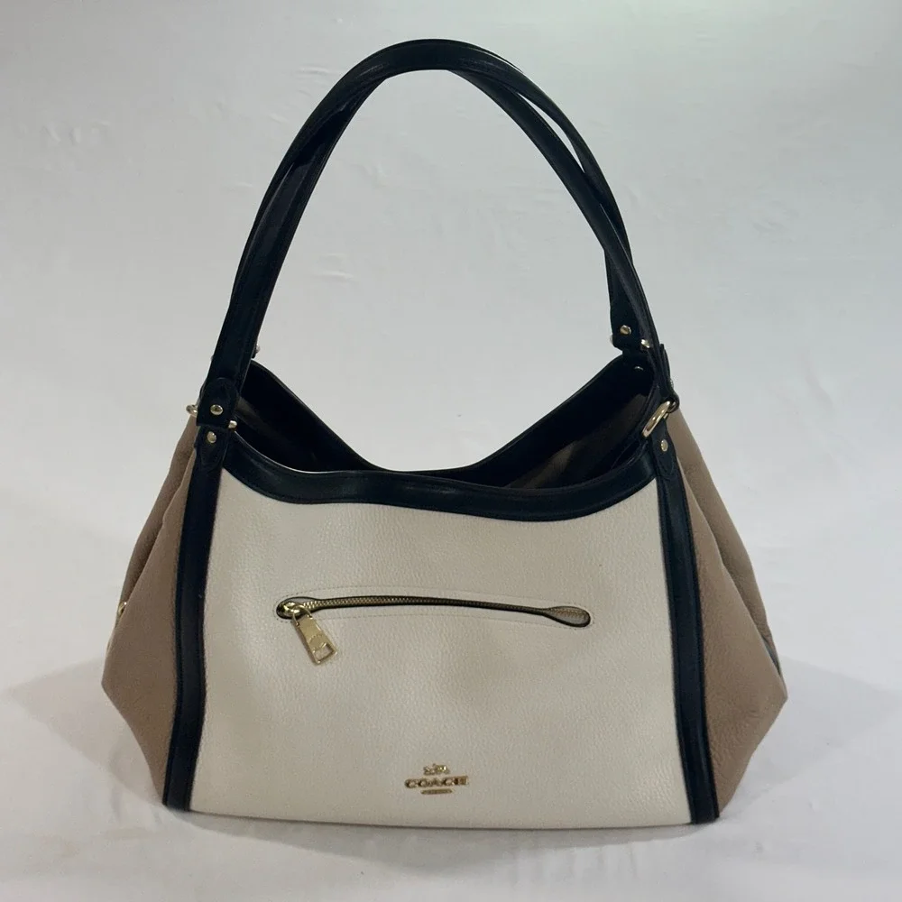 Coach Hadley Hobo Bag Colorblock Leather Shoulder Bag White Tan Black C6828