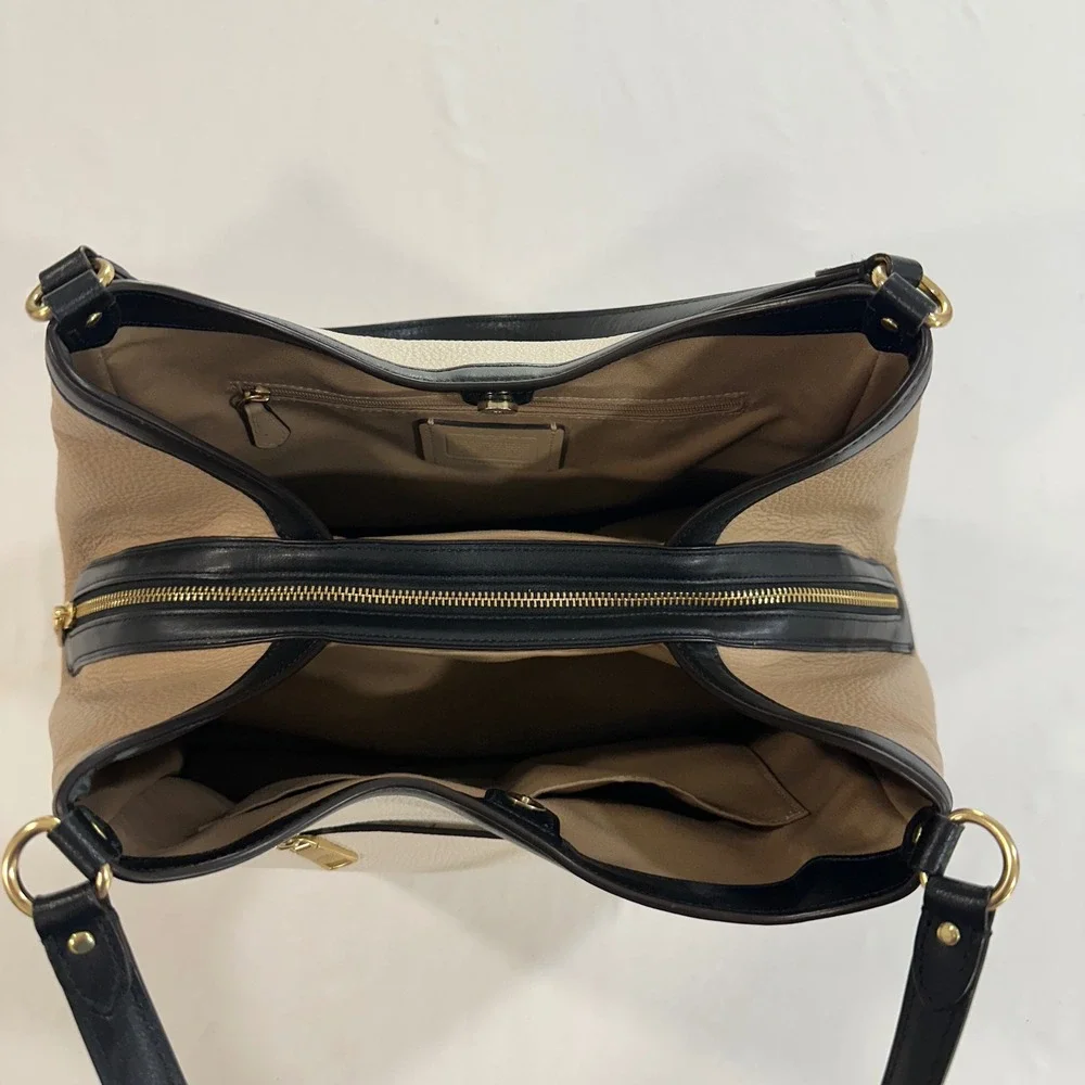 Coach Hadley Hobo Bag Colorblock Leather Shoulder Bag White Tan Black C6828
