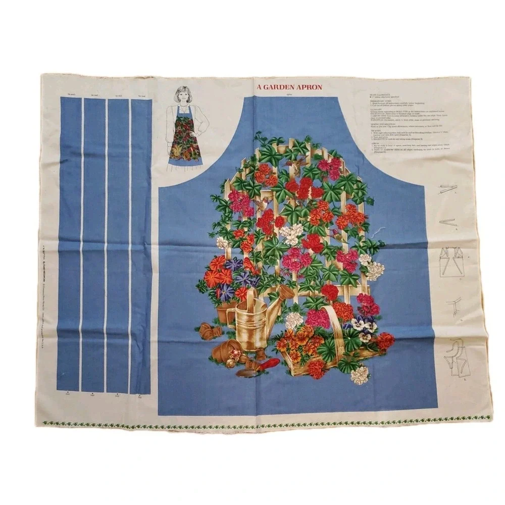 Vintage Joan‎ Messmore VIP Garden Fence Hummingbird Floral Apron Fabric Panel