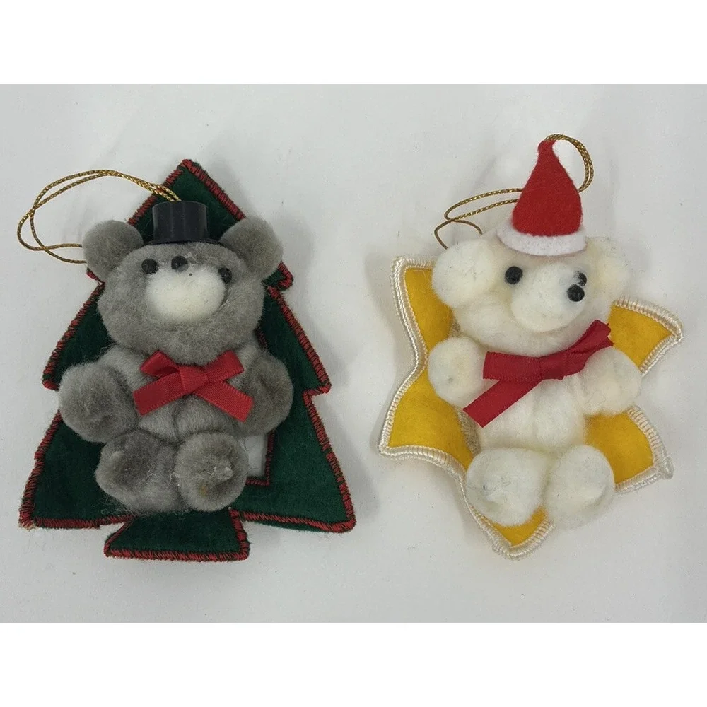 Vintage Pom Pom and Felt Teddy Bear Christmas Tree Ornaments