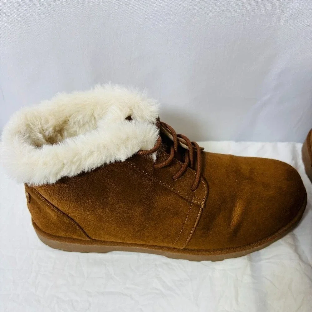 Makalu Ankle‎ Boots Women Brown Faux Fur Trim Lace Up Suede Winter Booties