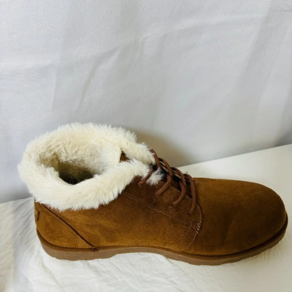Makalu Ankle‎ Boots Women Brown Faux Fur Trim Lace Up Suede Winter Booties