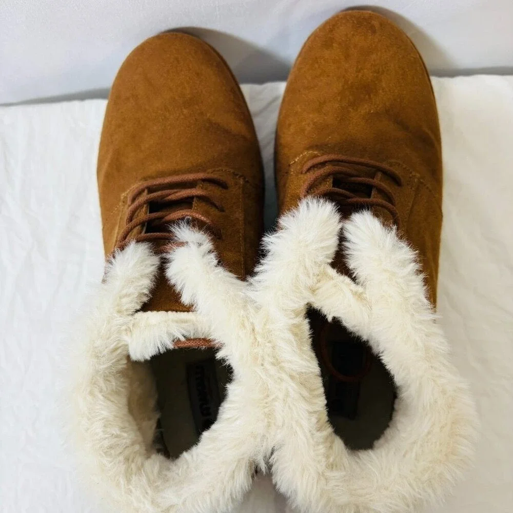 Makalu Ankle‎ Boots Women Brown Faux Fur Trim Lace Up Suede Winter Booties