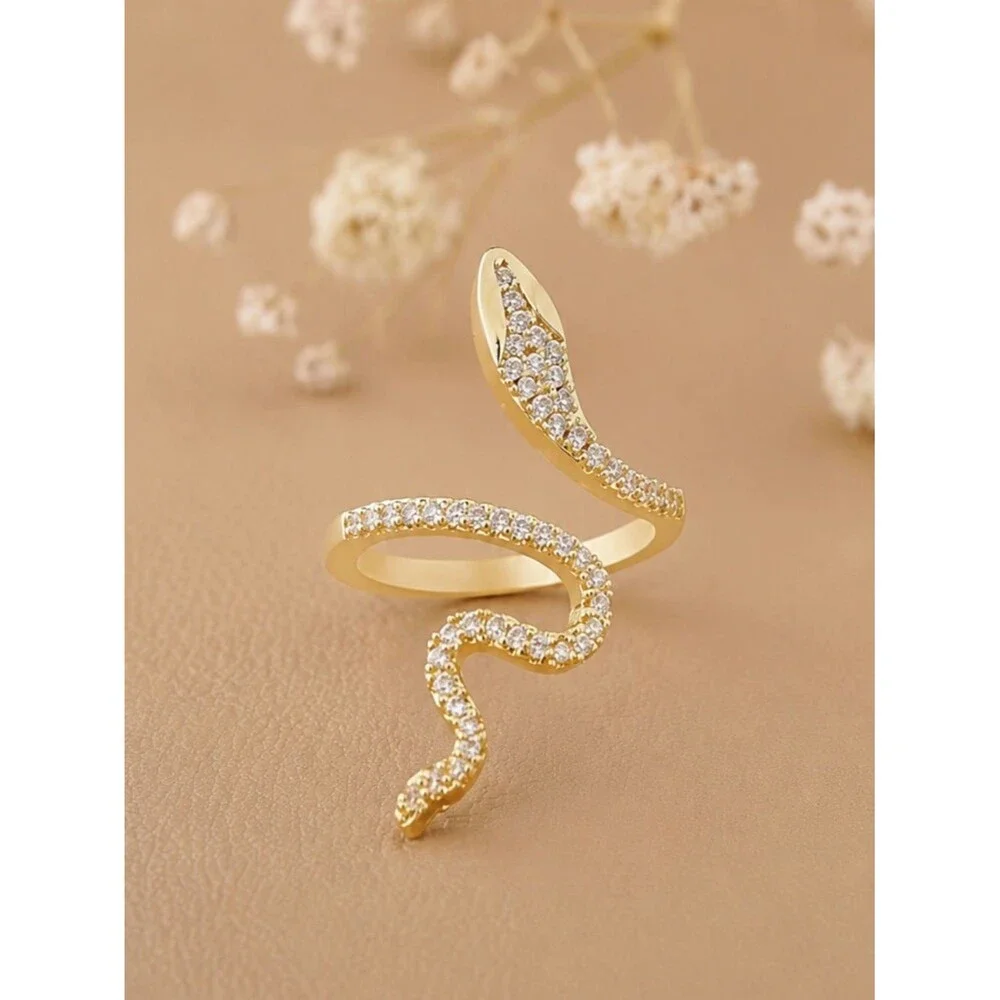 18K Gold Snake Serpent Ring Simulated Diamond Womens One Size Fits All Luxury
