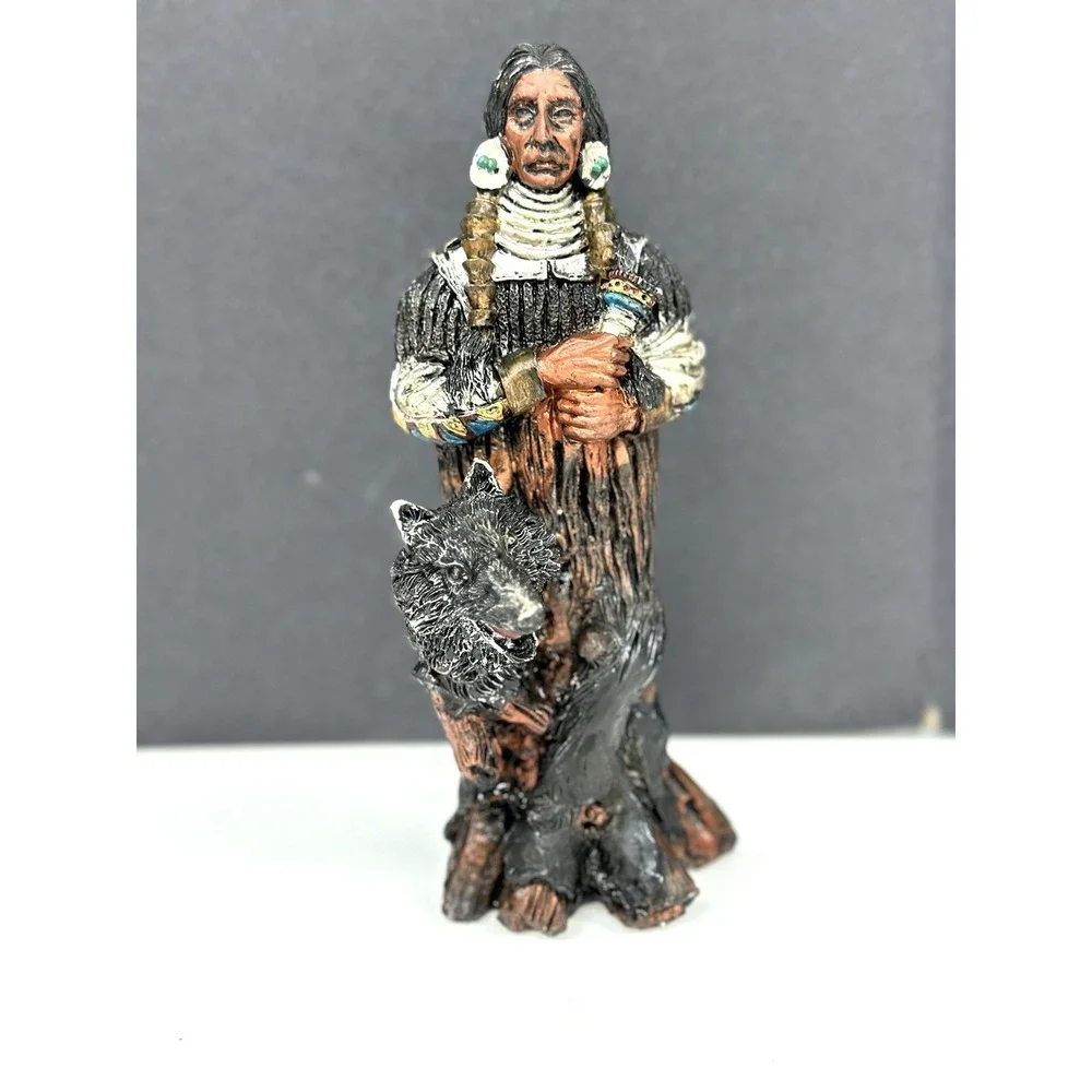 Vintage Resin Native American with Wolf Statue 9